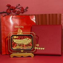 Exquisite 999 Pure Gold Dragon Fish Desk Ornament - Elegant Chinese Style Calendar for Home or Office. red