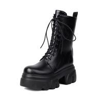 Women's Cross-Strap Martin Boots - Round Toe, Thick Sole, Height-Boosting, Waterproof Platform, Leather, Sizes 35-44 38 juoda