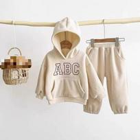 Autumn Winter Kid Tracksuit Boy Baby Fleece Thick Hoodies Set Girl Children Plus Velvet Warm Tops+Pants 2psc Kid Sweatshirt Suit 130 beige