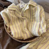 Summer striped cardigan lazy wind pajamas women's summer new short-sleeved shorts casual loungewear two-piece set XXL beige