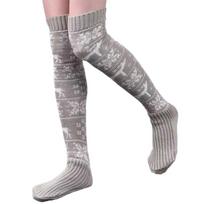 Christmas Festival Patterned Thigh High Socks Womens Winter Fashion Knitted Over Knee Long Stockings Leg Warmers Hosiery pilka spalva