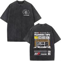 Initial D AE86 JDM Drift T-Shirt Vintage Washed Cotton Graphic Tee Men Unisex Oversized Crew Neck Short Sleeve Retro Streetwear Top Car Merch Gift XXL black
