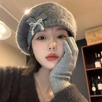 Japanese Versatile Warm Bow Beret FallSeason and ColdSeason BrandNew Windproof Hat for Women DailyWear Sweet Painter Beret Hat One Size gray