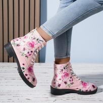Large size flower color lace-up Martin boots autumn and winter new round head square heel women's boots 43 rožinė