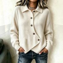 Women's Relaxed Knit Cardigan Asymmetrical Lapel Button Front Soft Cozy Sweater L balta