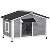 PawHut Cottage style dog kennel - 2 windows, door, bitumen opening roof - size 109 x 79 x 72 cm - gray fir wood