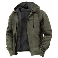 Men's Solid Color Fleece Lined Hooded Cotton Jacket Zip Pocket Casual Winter Coat For European American 5XL armijos žalia spalva