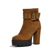 Womens Chunky Heel Platform Martin Boots With Belt Buckle Side Zip Low Calf PU Leather Winter Warm Fashion Boot Size 40-43 37 ruda