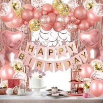 Rose Gold Birthday Flag Balloon Set Party Decorative Pendant, Rose Gold Rain Curtain Birthday Set Rose gold birthday white