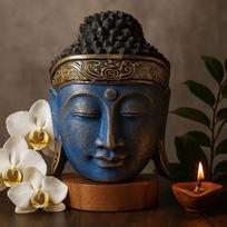 Buddha Head Statue Hand Carved Blue Wood 25cm