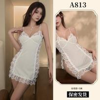 Sexy lingerie women's sexy lace pajamas test split ends uniform seduction passion nightgown A suspenders One size fits all beige