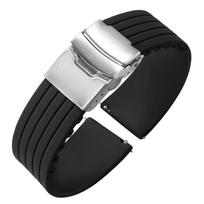 18mm 20mm 22mm 24mm Silikoninė laikrodžio apyrankė Universalus Sportinis Vandeniui atsparus Guminis Sulankstoma Sagtis Dirželis Seiko Apyrankės Priedams 24mm&Silver Buckle juoda