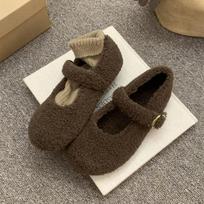 Autumn Winter Fur Footwear Women's Mary Jane Shoes Concise Warm Outdoor Low Hee Loafers Ladies Comfortable Cotton Flats Shoes 37 tamsiai ruda spalva