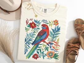 Crimson Rosella Wildflower Shirt, Boho Floral Rosella Birdwatching Tee, Bird Lover Gift XL gray
