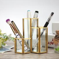 Simple Sexangle Combination Glass Pen Holder,Makeup Brush Holder Desk Organizer Storage beige