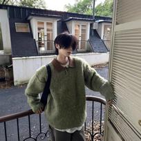 Unisex Retro Patchwork Lapel Sweater - American Lazy Style Cool Loose Fit for Couples, Autumn/Winter Trend. XL gray
