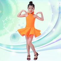 Mergaičių Vaikų Lotynų Šokio Suknelė Su Blizgučiais ir Kutais – Pasiruošimas Konkursui (Salsa, Rumba, Tango, Sportiniai Šokiai) 110cm oranžinė