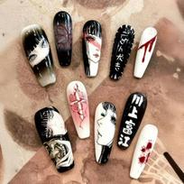 10Pcs Dark Sweet Anime Press On Nails Edgy Fake Nail Tips Cute Gothic Acrylic Nails Gift For Girls And Friends black
