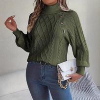 2025 Fall/Winter Women's Casual Cable Knit Lantern Sleeve Pullover Sweater Small armijos žalia spalva