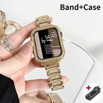 Deimantinis dėklas+Dirželis Apple Watch 11 10 9 8 7 42mm 46mm 45 41mm Ultra 3 49mm Nerūdijančio plieno juosta iwatch SE 6 40mm 44mm 38 Series 11 10 46mm beige