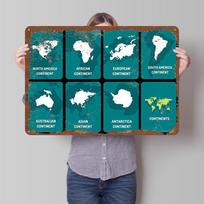 World Continents Map Illustration Tinplate Poster Customized Wall Art Vintage Metal Signs Retro Tin Plaque for Room Decoration 20X30CM blue