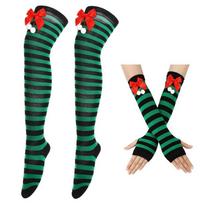Stripe Thigh High Socks Arm Warmers Fingerless Gloves Set Christmas Cosplay Costume for Women, Polyester Hosiery with Ribbon Accent for Photo Outfit white