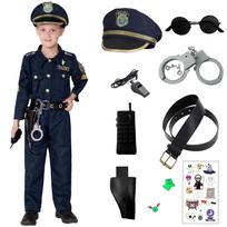 GOKEI Police-style Police Officer Costume Kids Complete 9-piece Set Role Play Halloween Boys Sunglasses Hat Belt Whistle Walkie-talkie Christmas Gift black