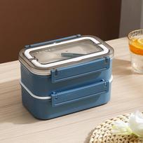 Stainless Steel Double-Layer Lunch Box With Handle Portable Bento Container Students Office Workers 1.6L Double-Layer Blue gray