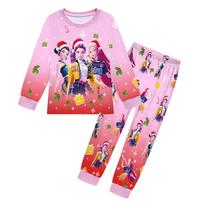 Kids Girls K-POP Rumi Zoey Mira Christmas Printed Casual Long Sleeves T-Shirt Pants Trousers Clothes Set 100cm pink