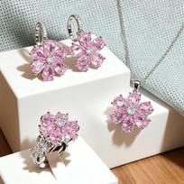 Hot- Light Luxury Pink Heart Zircon Ring for Women, Sweet Sparkling Pink Diamond Floral Finger Jewelry Fashion Accessory 7 white