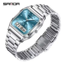 Unisex Analog Digital Quartz Wristwatch Square Case Waterproof Stainless Steel Bracelet Watch sidabras/šviesiai mėlyna spalva