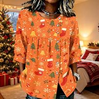 Women's Casual Christmas Print Top with Round Neck Button Front Three-Quarter Sleeves for Holiday Party L orange