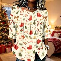 Women's Casual Christmas Print Top with Round Neck Button Front Three-Quarter Sleeves for Holiday Party S