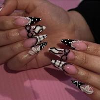 French Tip Press On Nail 24Pcs Pink False Nail with Black White Art,Glossy 3D Bows Flower Design for Daily Styles Change and At Home Manicure 1 brown