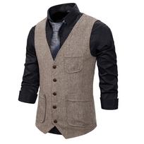 Men's Herringbone Single-Breasted Suit Vest with Two Pockets for Business Formal Wear XL chaki