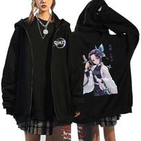 Hot Anime Demon Slayer Kochou Shinobu Print Hooded Men Women Zipper Hoodies Casual Streetwear Harajuku Sweatshirt Zip Up Jacket L white