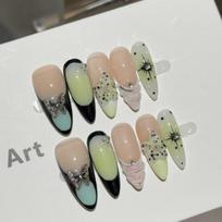 10Pcs Y2K Gradient Press on Nails - Bow & Star Rhinestone Almond Fake Nails L beige