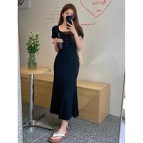 Summer mature women, petite pure and alluring hot girls who look taller, women's lace square-neck dresses, waist-cinching hip-hugging long dress XL juoda