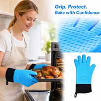Thick Silicone Oven Gloves with Cotton, Non- Five Finger Heat for Cooking, Baking and Grilling One Size blue