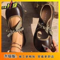 Premium flat-soled single shoes Mary Jane shoes 2025 spring and summer popular fashion round head lace-up shallow mouth small leather shoes women 40 brown