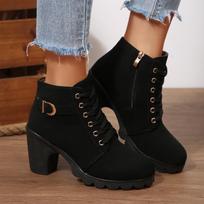 Women's New Autumn Block‑Heel Ankle Boots Martin Boots Lace‑Up Round‑Toe Matte Material High Block‑Heel Short Shaft Boots 38 juoda