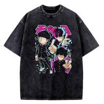 Vintažiniai skalbti Mob Psycho 100 juokingi anime marškinėliai vyrams medvilniniai marškinėliai Japonijos manga aukštos kokybės gatvės apranga animacinių filmų marškinėliai M black