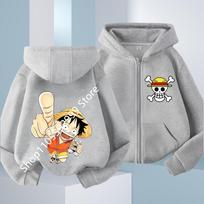 One Piece Anime Hoodie for Boys Girls Zip Up Jacket Luffy Graphic Print Sweatshirt Casual Tops New size 100-160 130 gray