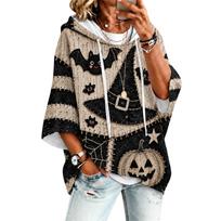 Women's Halloween Print Hoodie Loose Fit 3/4 Sleeve Hooded Sweatshirt for Fall L beige