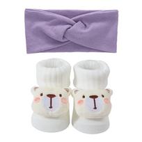 0-6M Lovely Cartoon Baby Socks Hair Band Set Infant Cotton Breathable Short Socks Newborn Headband Gift Po Props 0-6M white