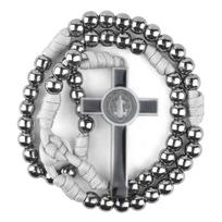 Senovinio bronzos atspalvio rožančiaus karoliai, 10 mm metaliniai karoliukai, rankomis pintas grandinėlė, kryžiaus pakabukas vyrams, moterims juoda