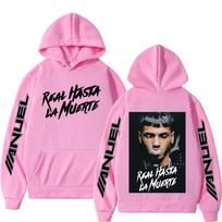Rapper Anuel's pullover sweatshirt, Real Hasta La Muerte printed autumn fleece hoodie, classic streetwear style. XXXL pink