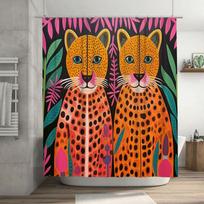 Modernus Boho Gyvūnų Rašto Dušo Užuolaidos Rinkinys Vonios Dekoro, Ryškiai Oranžinės Spalvos Leopardų Raštas Su Žalumynais, Tobula Dovana! (Rinkinys Įsk. W90H165(CM)-1 Pcs black