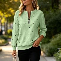 Women's Long Sleeve V-Neck Half Zip Pullover Top with Heart Print and Cuffed Sleeves L beige