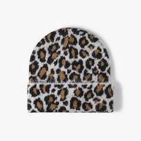 Leopard Print Knit Beanie Winter Warm Foldable Breathable Casual Hat One Size gray